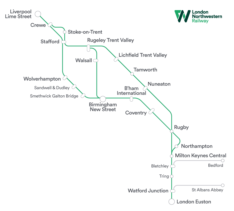 First class services map for London Northwestern Railway