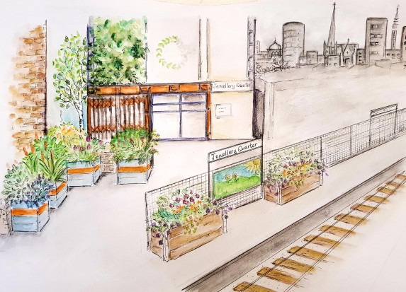 Artists impression of plants and shrubs adding a splash of colour to Jewellery Quarter station.