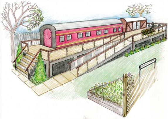 Artists impression of a old railway carriage being used as a community hub