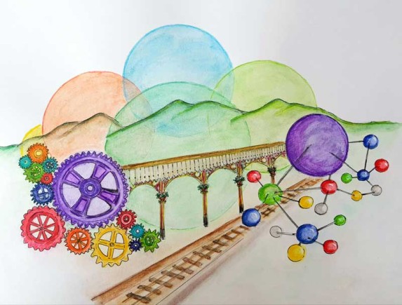 Illustration of the railway tracks with balloons and colourful coggs to represent the festival of innovation.