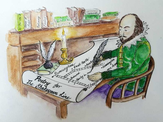 Artists impression of Shakespeare writing poems.