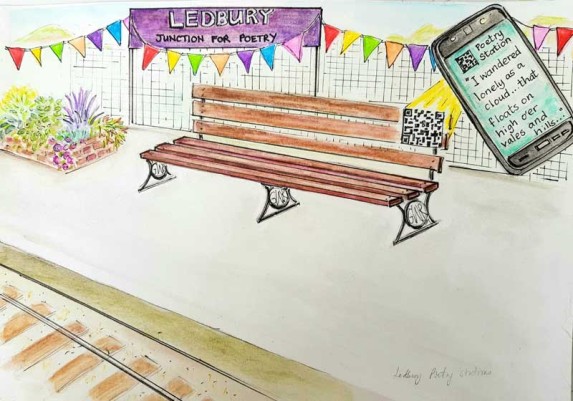 Artists impression of a bench with a smart phone to show people how they can listen to poems on the network.