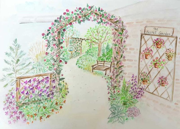 Artists impression of plants and flowers in an arch at the station garden.