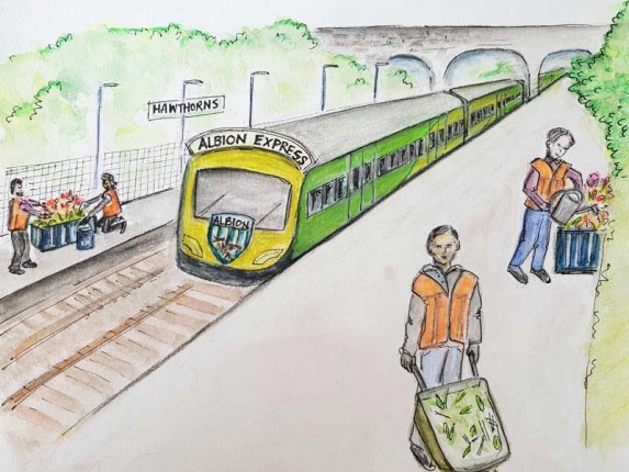 Artists impression of a train called The Albion Express with volunteers planting at the station.