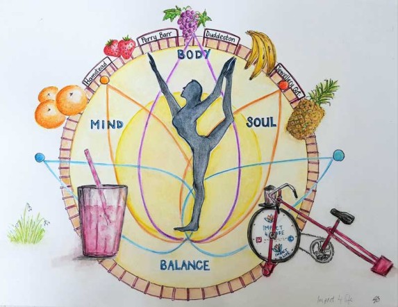 Illustration of a person doing yoga with images of food, drink and exercise equipment around it.