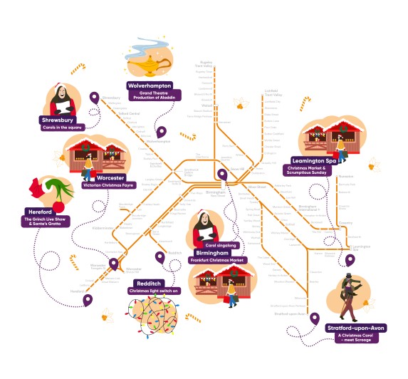 Christmas events in the west midlands on a west midlands railway network map.