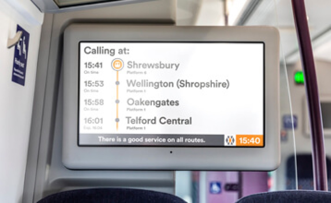 Photo of the digital informaiton screen for a Class 196 train