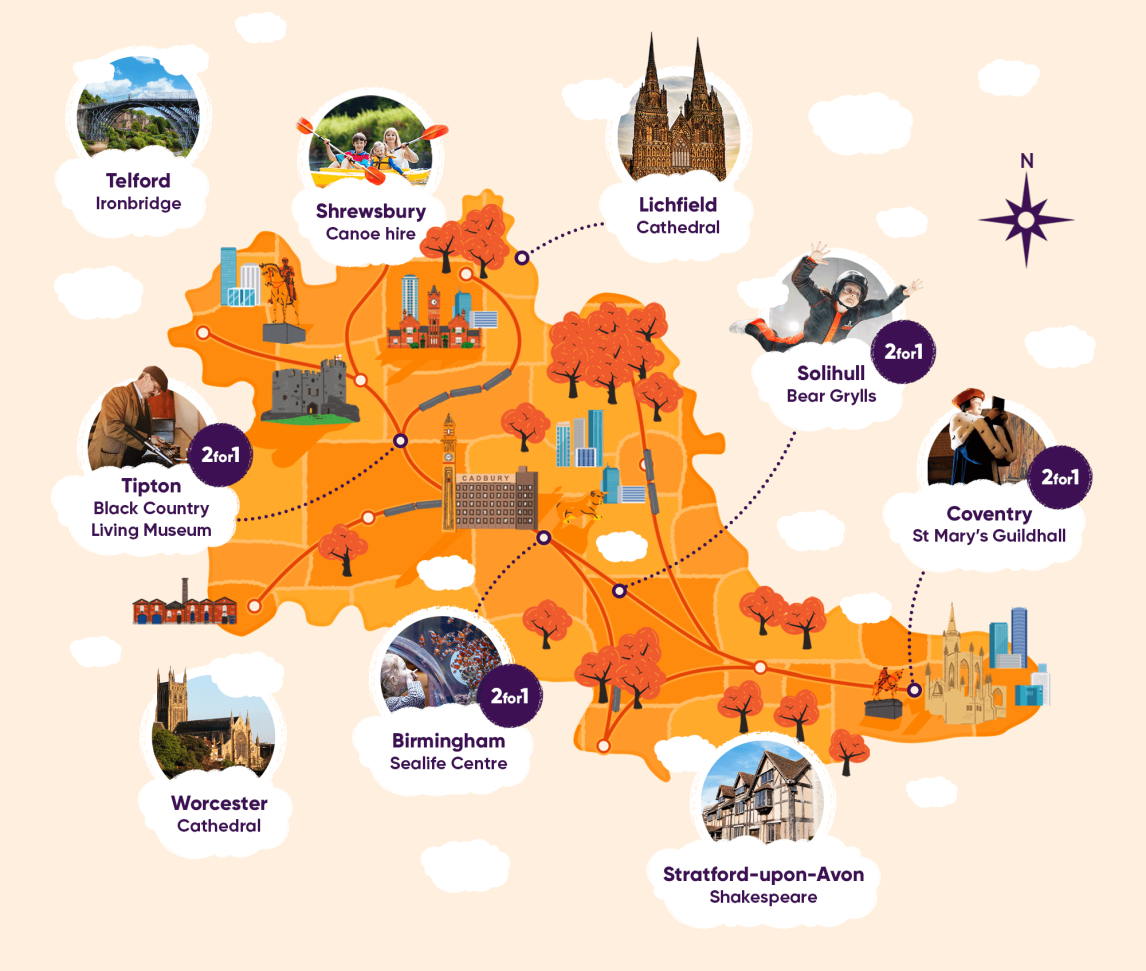 Map graphic of top attractions in the West Midlands