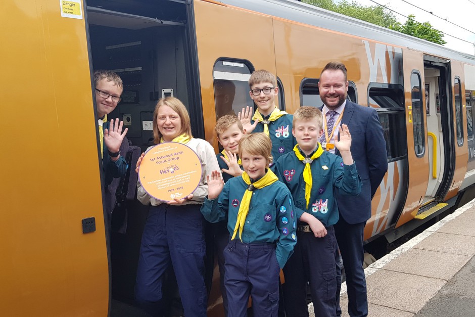 Astwood Bank Scouts celebrate Cross City Heroes win at Redditch station